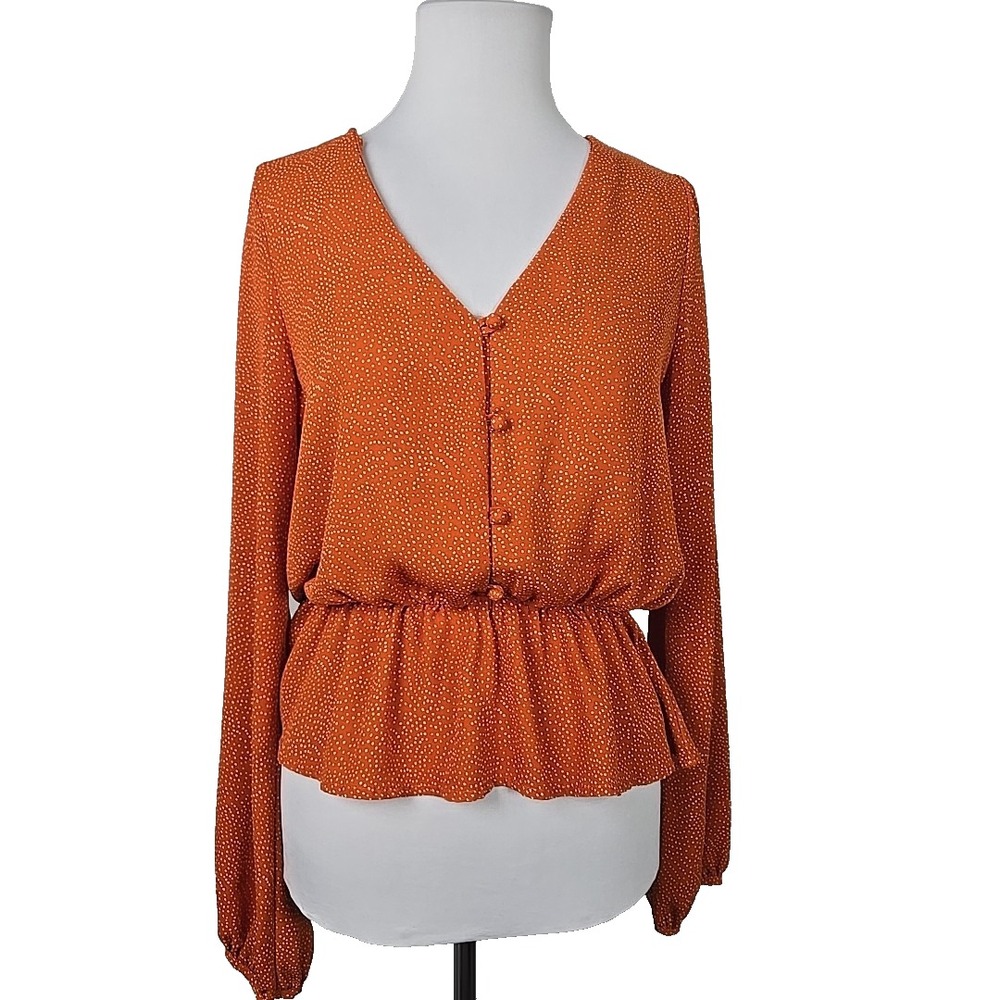 Sienna Sky Orange Dot Print Chiffon Peplum Long Sleeve Blouse Medium M